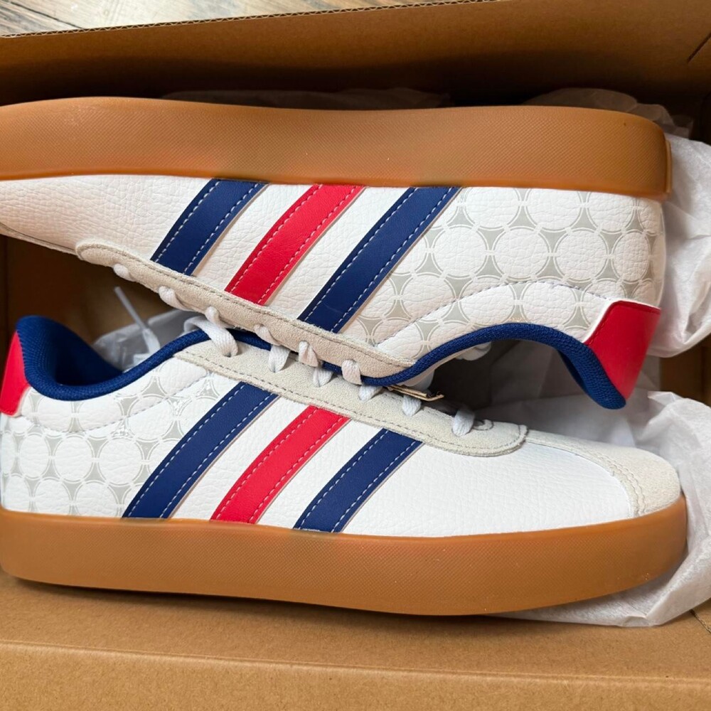 Adidas VL Court 3.0 K sneakers in white with red, blue, and beige stripes and re